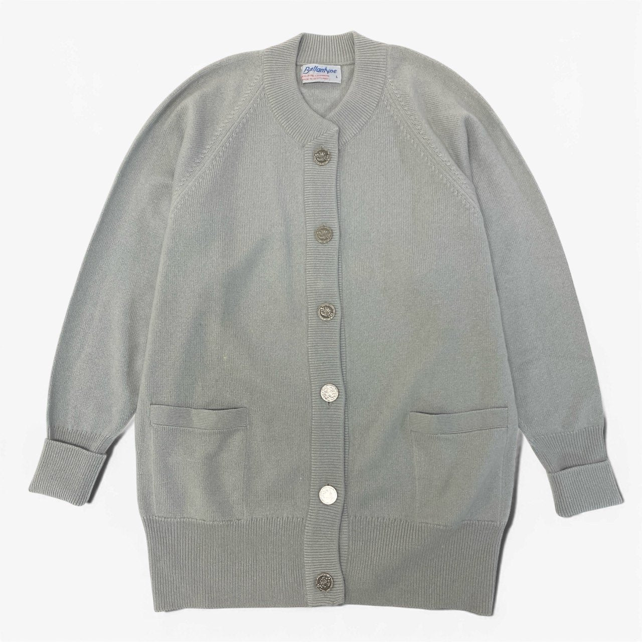 9a19 Ballantyne バランタイン ピュアカシミヤ 100％ カーディガン サイズL ブルーグレー Pure Cashmere スコットランド製t18r