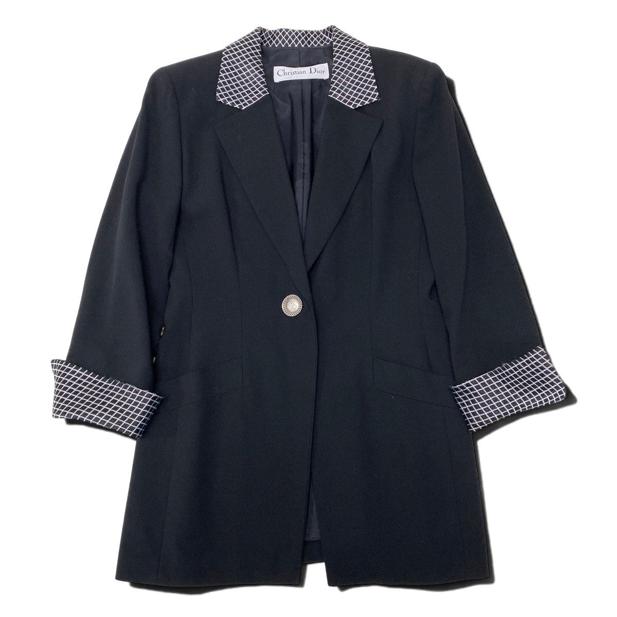 Eh10 Christian Dior クリスチャンディオール テーラードジャケット ダイヤ柄切替 ロゴボタン ブラック レディースo07t