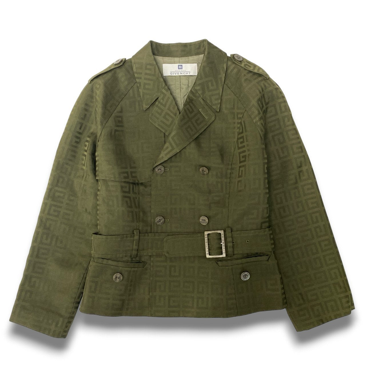 Ic5 Vintage GIVENCHY ジバンシィ ジャガードロゴ ショートコート 中綿ジャケット ダブルブレスト レディース 38 カーキu02t