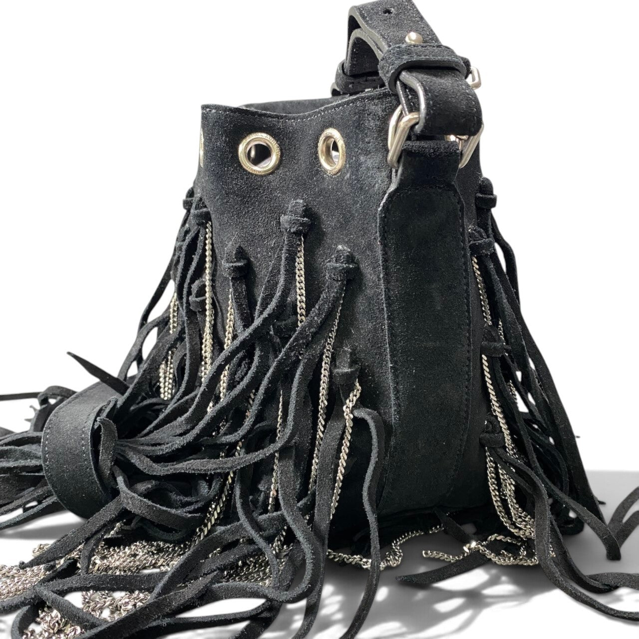 h21 SAINT LAURENT サンローラン フリンジ×チェーン バケットバッグ Fringe × Chain Bucket Shoulder Bag Black Leathert18r