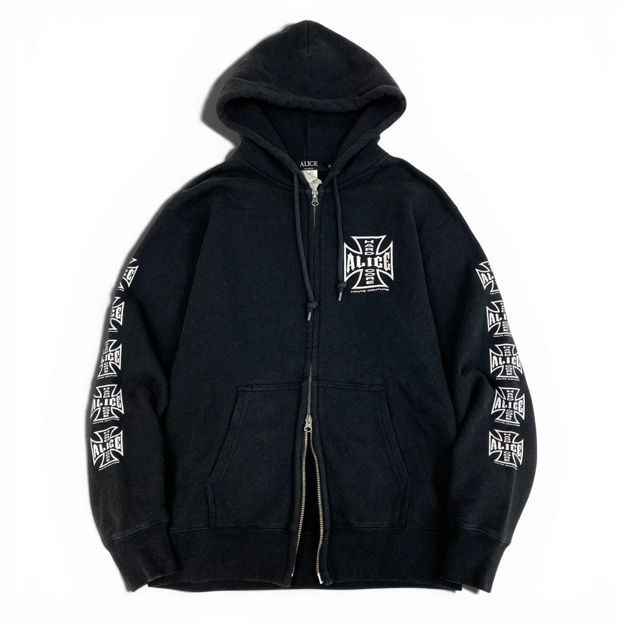 24L22 ALICE HOLLYWOOD アリス ハリウッド DESTROYED CHOPPER FULL ZIP HOODIE ジップアップ フーディー パーカー Mサイズ ブラック コットン100％ メンズo07t