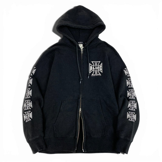24L22 ALICE HOLLYWOOD アリス ハリウッド DESTROYED CHOPPER FULL ZIP HOODIE ジップアップ フーディー パーカー Mサイズ ブラック コットン100％ メンズo07t