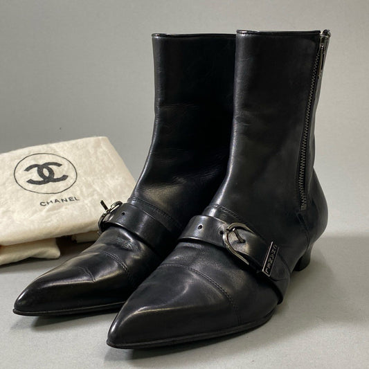 1j3 CHANEL シャネル ピンバックルロゴベルト レザーブーツ 35 1/2 ブラック Leather サイドジップ ココマーク シューズ 保存袋有t18r
