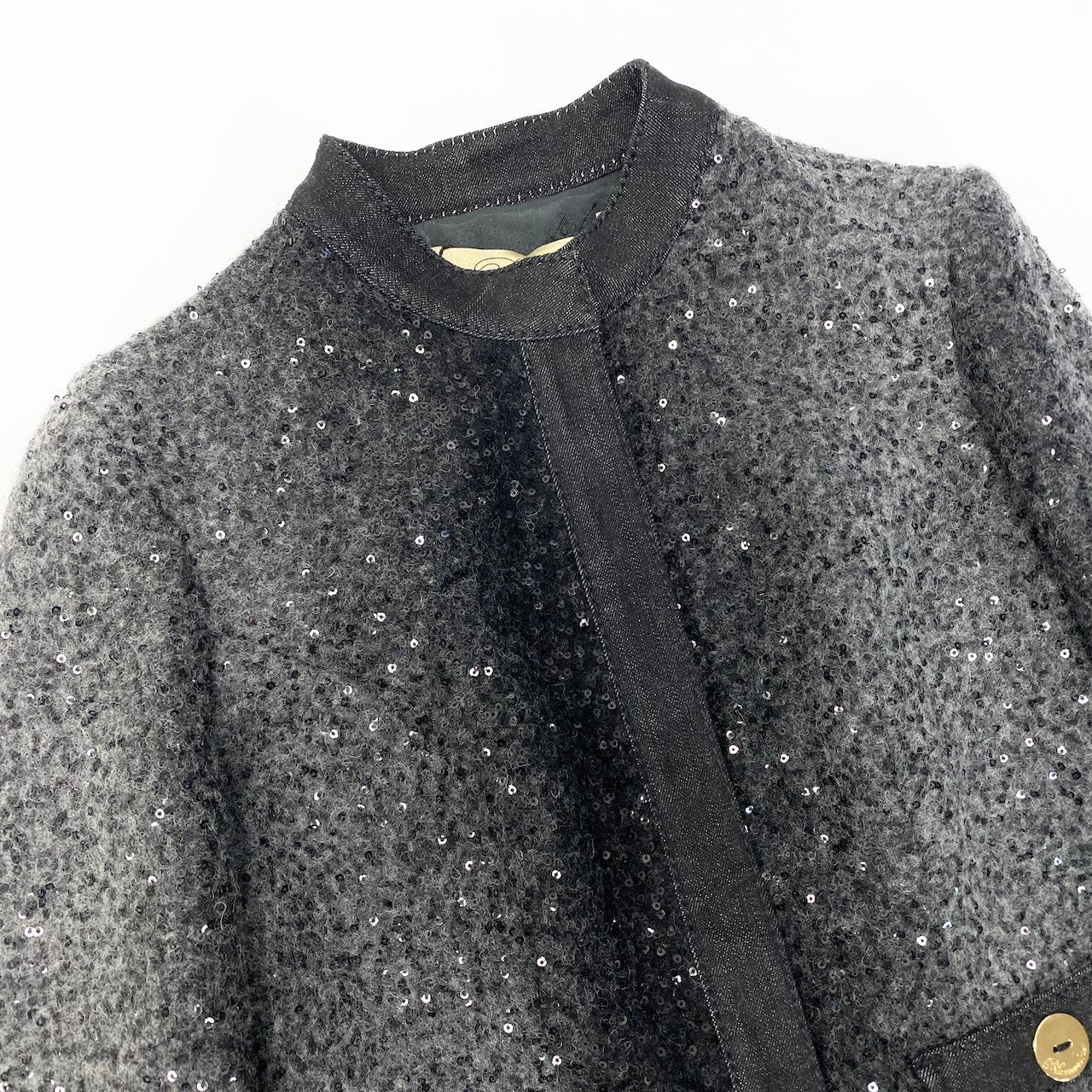 55c19 【新品保管品】 Blumarine ブルマリン ノーカラージャケット スパンコール 金ボタン タグ付 ウール レディース 女性用 227842619 38 グレー系u02t