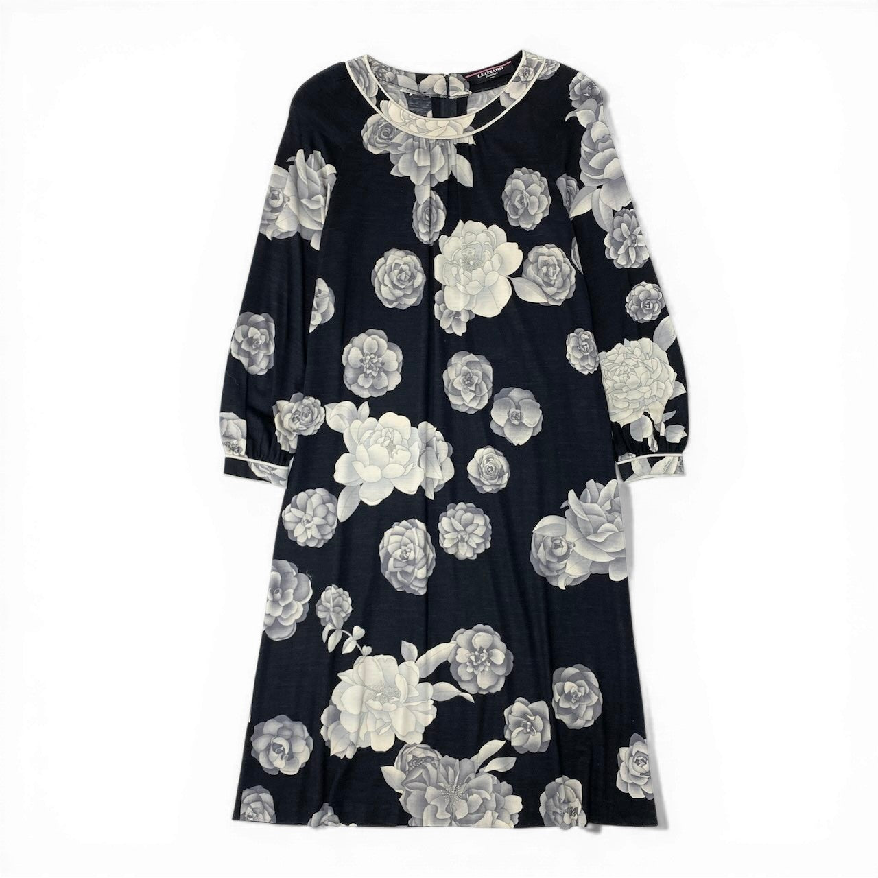 76d9 LEONARD FASHION レオナール 長袖ワンピース ロングワンピース 花柄プリント 薔薇 ウールシルク混 LL ブラック レディース 女性用o07t