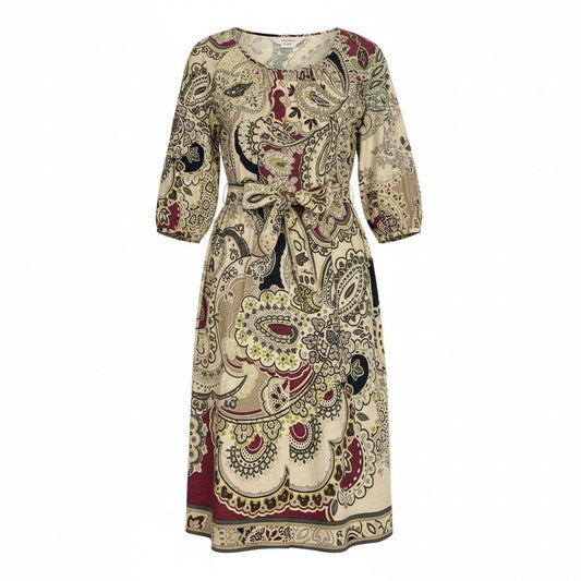 49L9 【美品】LEONARD レオナール 長袖ワンピース 膝丈ワンピース 総柄 ウエストリボン  Mサイズ マルチカラー レディースo07t