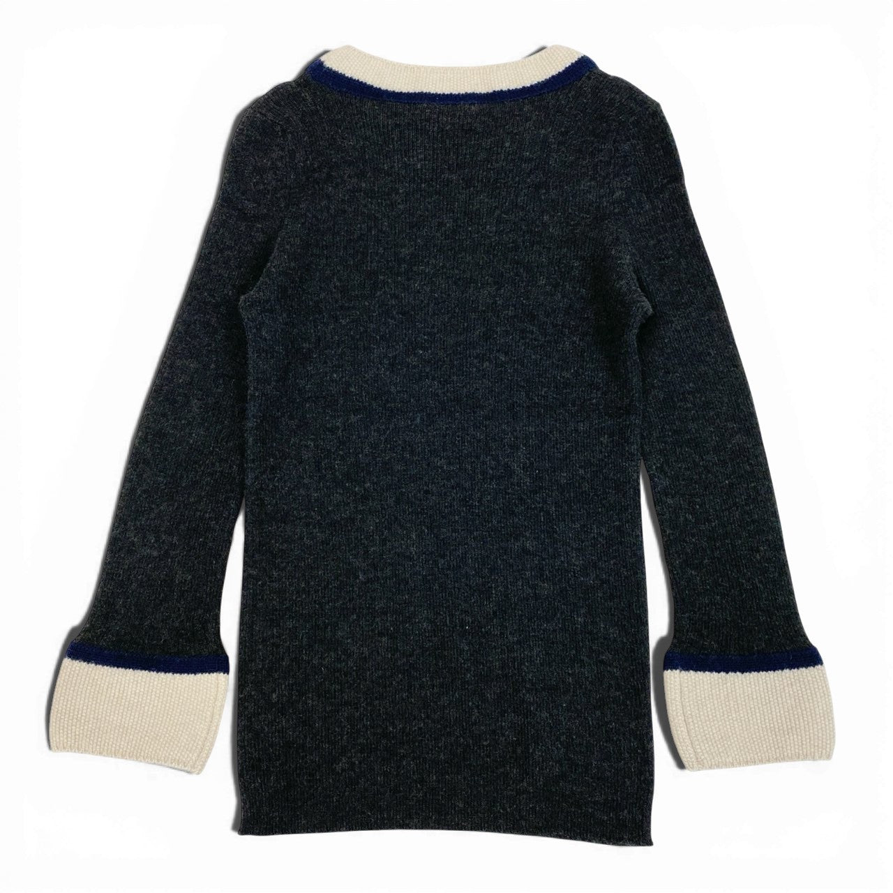 10a13 CHANEL シャネル クルーネック ニットセーター リブニット 長袖 カシミヤシルク混〇  レディース 女性用 P31828K00700 サイズ42 ダークグレー オフホワイト ネイビーo07t