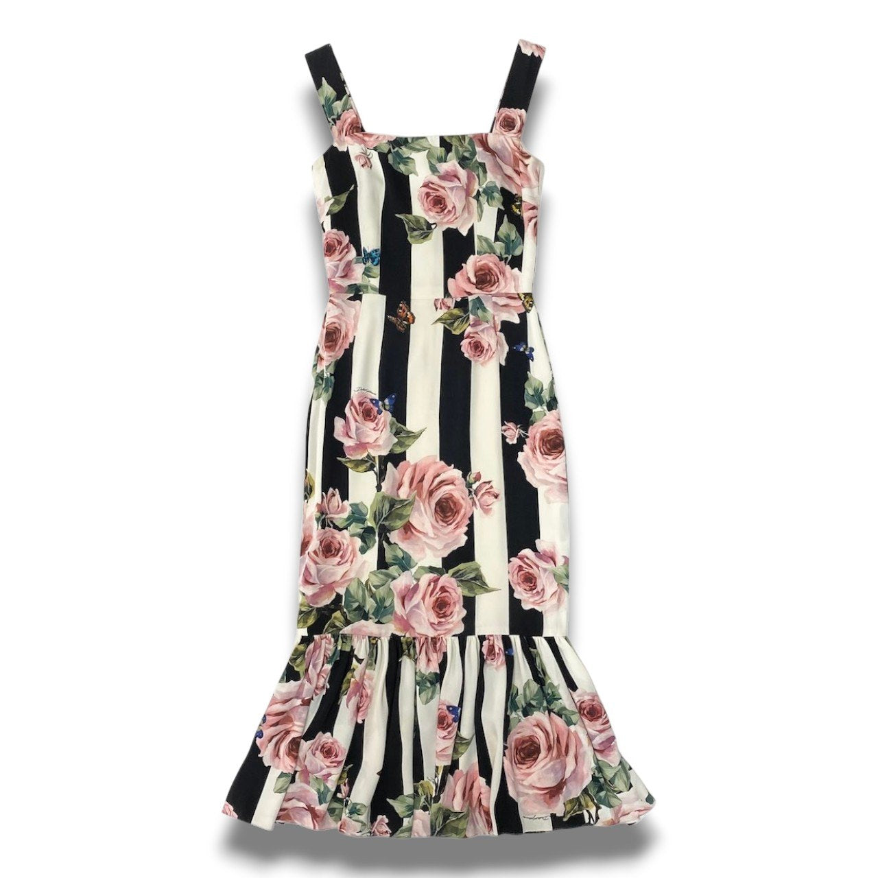 42c24 DOLCE＆GABBANA ドルチェアンドガッバーナ シルクロングドレスワンピース ノースリーブワンピース ストライプ 薔薇 蝶  36サイズ マルチカラー レディース 女性用o07t