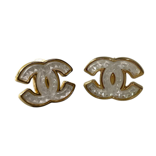 h2 【美品】CHANEL ココマーク イヤリング ゴールド ホワイト レディース 女性用ta1