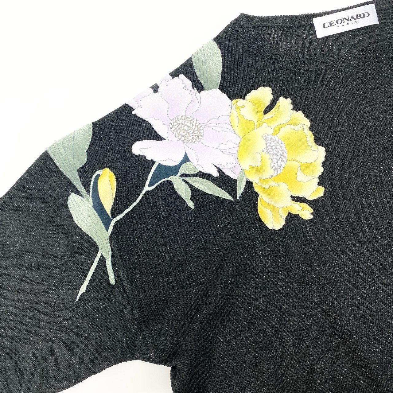 78a5【極美品】LEONARD レオナール ロングスリーブラメニット 美しい花柄プリント トップス 0497794 Mサイズ ブラック レディース 女性用u02t