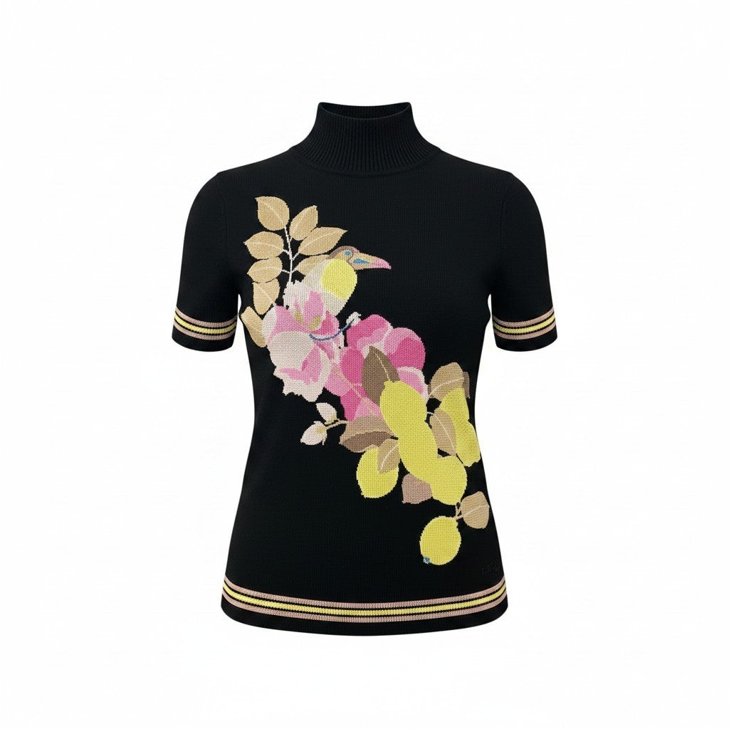 35h31 LEONARD レオナール ハイネック 半袖ニットセーター 鳥 花柄 ロゴ刺繍 カシミヤ混  40サイズ ブラック レディース 女性用u02t