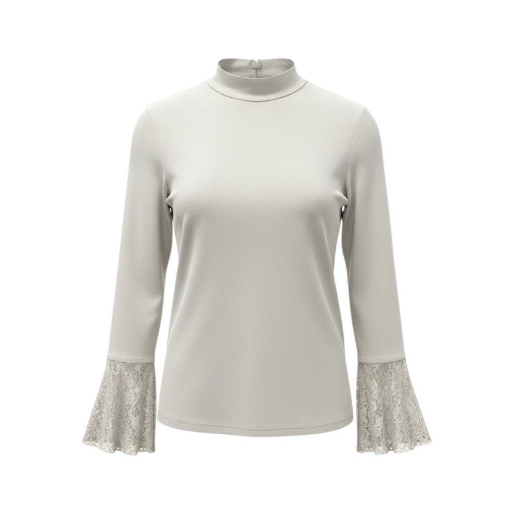 66c2 TOKUKO 1er VOL トクコプルミエヴォル モックネック 長袖カットソー トップス レーススリーブ 伸縮ストレッチ レディース 女性服 サイズ9 ライトグレーu02t