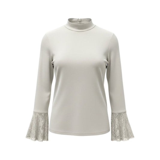 66c2 TOKUKO 1er VOL トクコプルミエヴォル モックネック 長袖カットソー トップス レーススリーブ 伸縮ストレッチ レディース 女性服 サイズ9 ライトグレーu02t