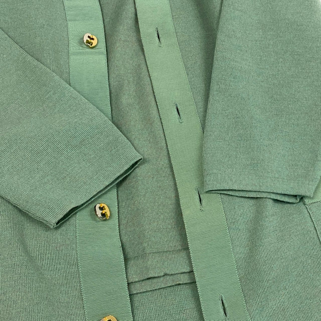 68d13 Salvatore Ferragamo サルヴァトーレフェラガモ アンサンブルニット ツインニット ロングニットジャケット カーディガン ニットポロシャツ M / L グリーン系 ウール100％ レディース 女性用o07t