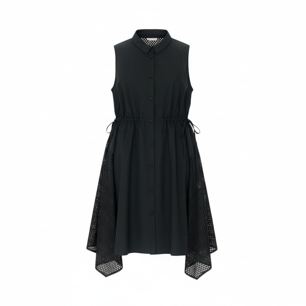 18k20 TOKUKO 1er VOL トクコプルミエヴォル ノースリーブシャツワンピース ロングシャツ カットワークレース サイドリボン コットンリネン レディース 女性用 9 ブラックu02t