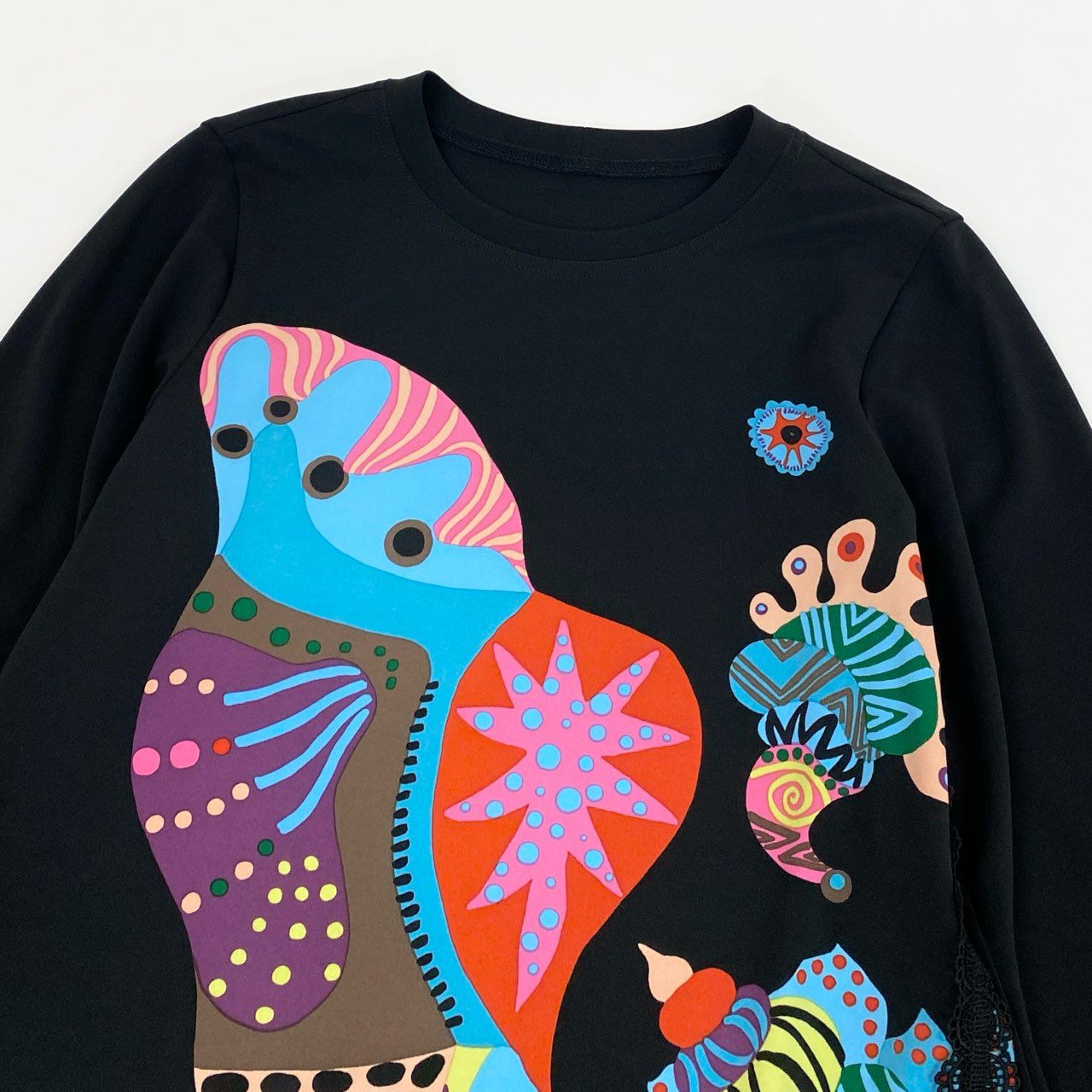 38k26 《美品》 TOKUKO 1er VOL トクコプルミエヴォル チュニックカットソー ロングスリーブ プルオーバー フロントプリント レース装飾 レディース 女性用 9 ブラックu02t