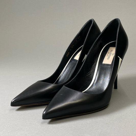 3i30 《極美品》 VALENTINO VLTN ヴァレンティノ ロゴパンプス ハイヒール  ポインテッドトゥ  38サイズ ブラック レザー レディースt18r