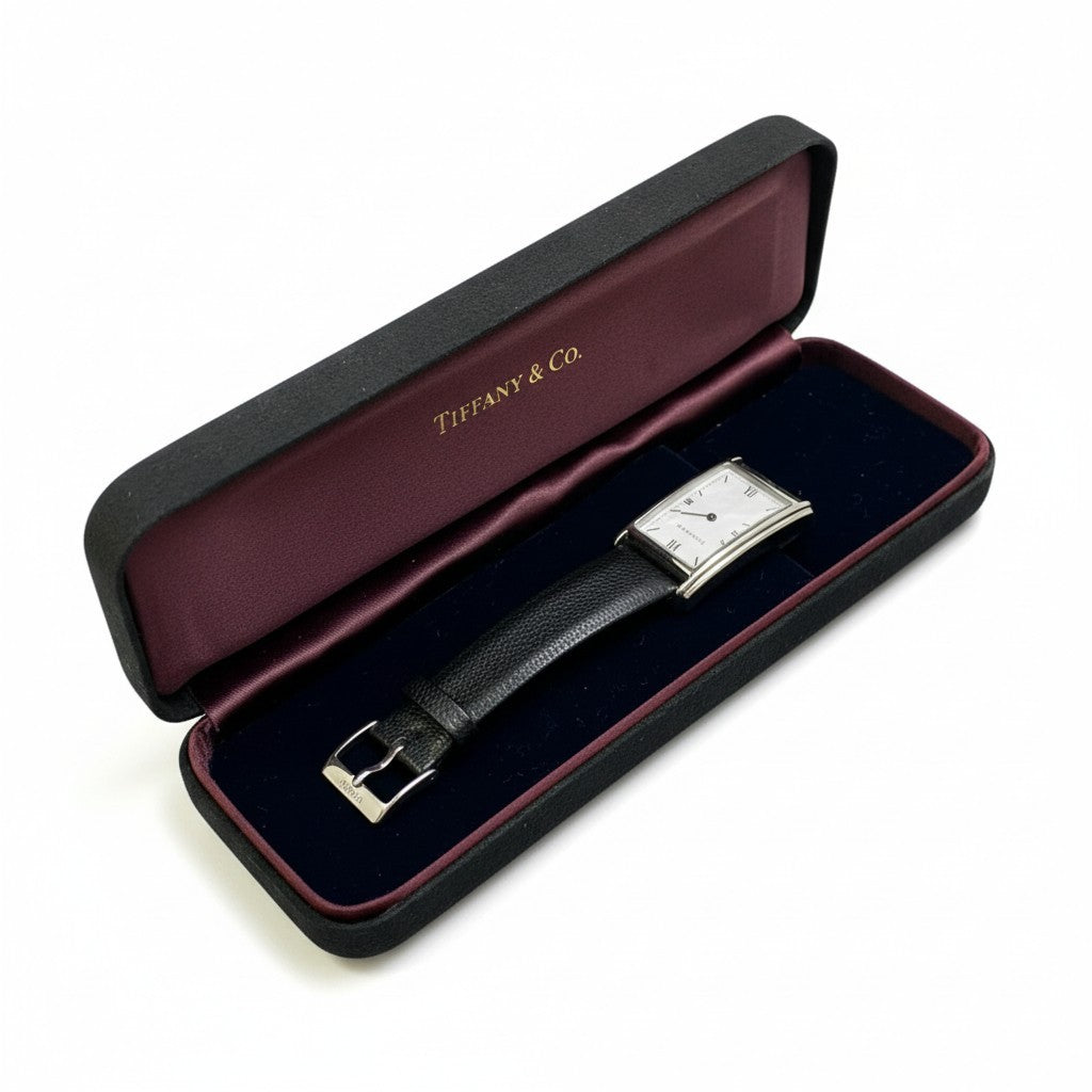 b12 TIFFANY&Co ティファニー 腕時計 レクタンギュラー クラシック L241 ホワイト ブラック レザー Rectangular Watch 動作〇 ケース付t18r