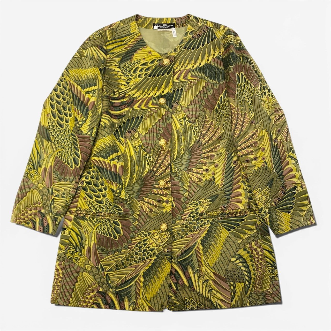 38a16 Salvatore Ferragamo サルヴァトーレ フェラガモ Vintage 金ボタン 総柄スプリングコート サイズ46 グリーン系 ヴィンテージ 女性服t18r