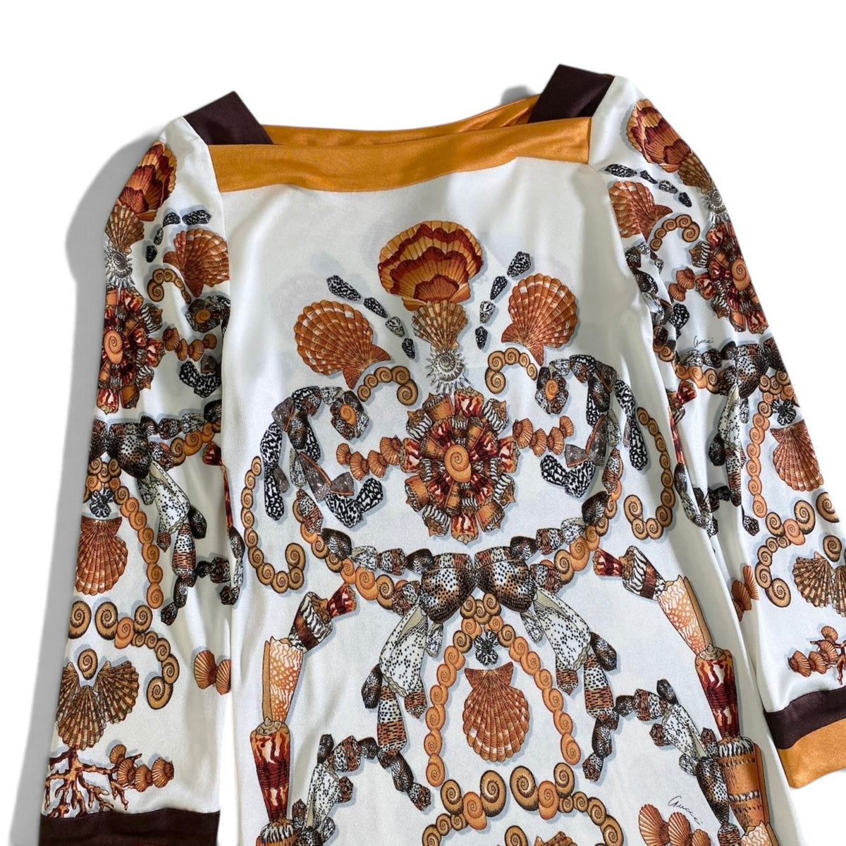 11j26 【未使用タグ付】 GUCCI グッチ デッドストック 2008年 スクエアネック ドレスワンピース シェル柄 総柄 サイズ36 ホワイト オレンジ レディースu02t