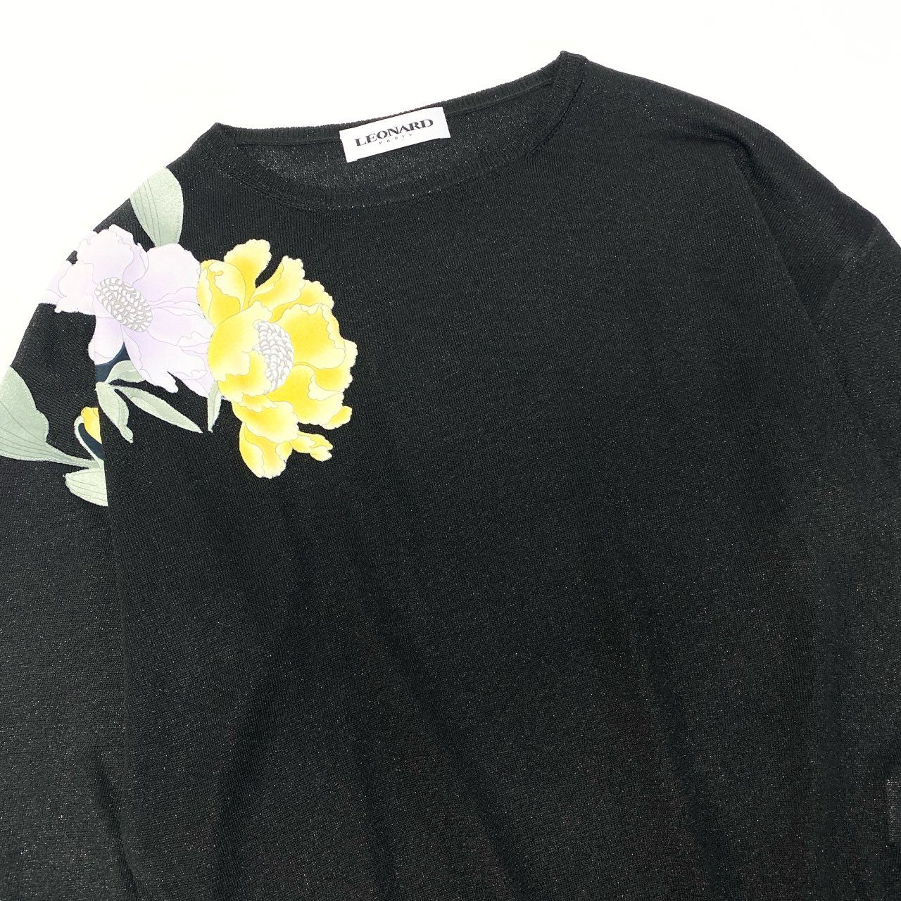 78a5【極美品】LEONARD レオナール ロングスリーブラメニット 美しい花柄プリント トップス 0497794 Mサイズ ブラック レディース 女性用u02t