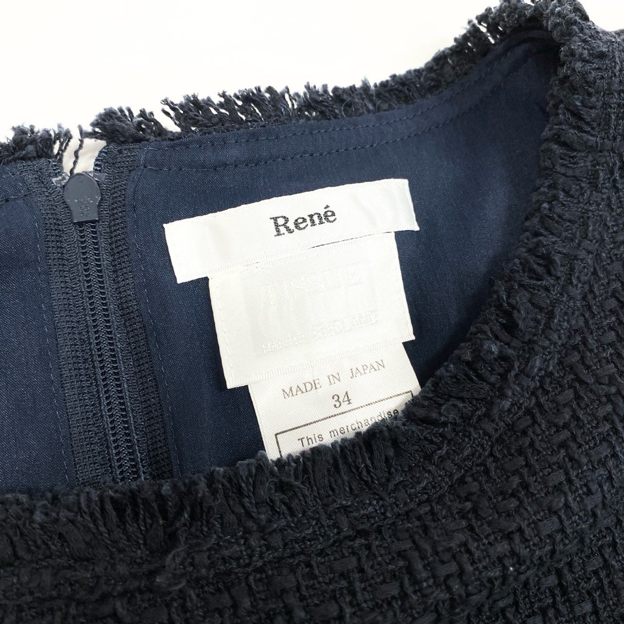 50b12 【美品】Rene ルネ ツイードワンピース ノースリーブワンピース 6016520 34サイズ ネイビー コットン100％ レディース 女性用u02t