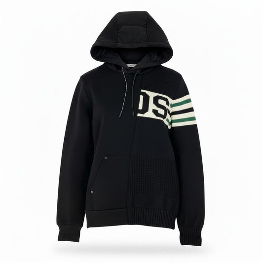 5d16 P.M.D.S. ピーエムディーエス PREMIUM MOOD DENIM SUPERIOR  アシンメトリーデザイン プルオーバー フーディー ニットコンビ スウェットパーカー サイズM ブラック メンズ 紳士服u02t