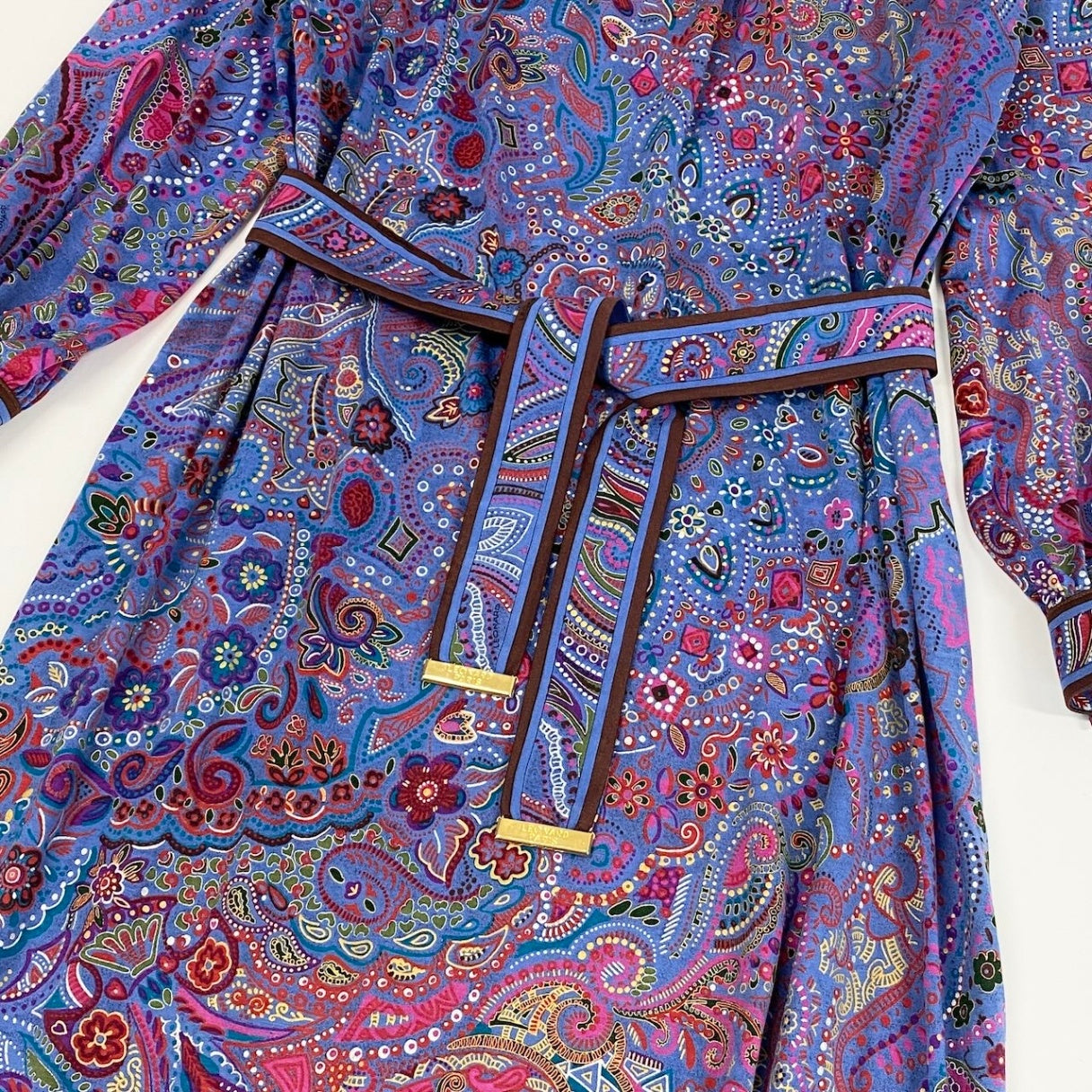 65d16 LEONARD FASHION レオナール ロングワンピース 総柄プリント ペイズリー柄 花柄 ベルト付 サイズM ブルー ウール シルク レディース 女性用u02t