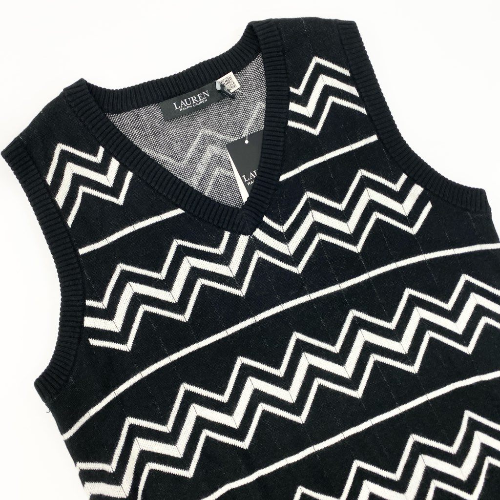 1a8 【未使用保管品】 LAUREN RALPH LAUREN ローレンラルフローレン ニットベスト ノースリーブニット Vネック シェブロン柄 モノトーン レディース M ブラック ホワイトu02t