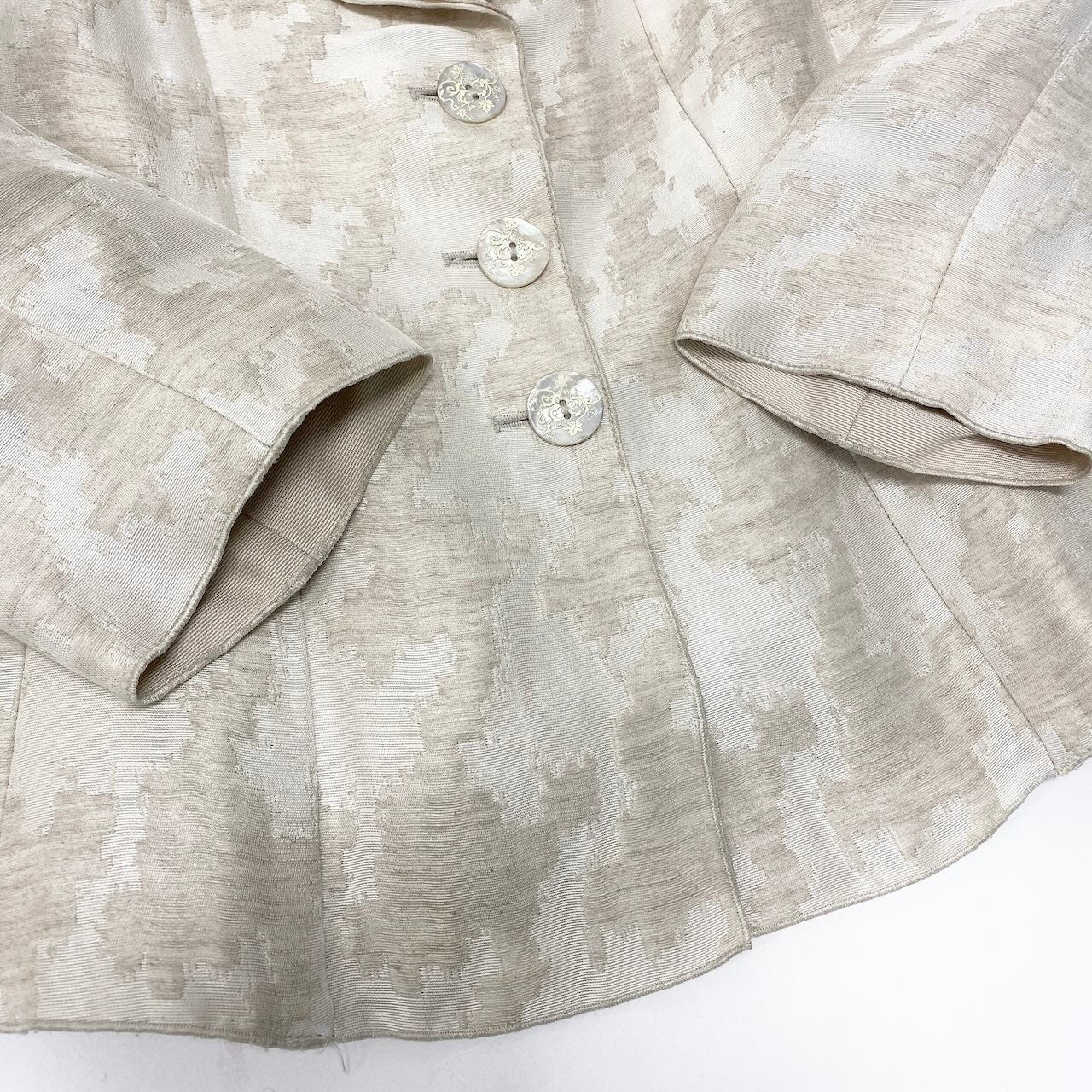 27e11 ARMANI COLLEZIONI アルマーニコレツィオーネ オープンカラージャケット リネンブレンド 総柄 シェルボタン 貝ボタン サイズ38 ベージュ レディース 女性用o07t