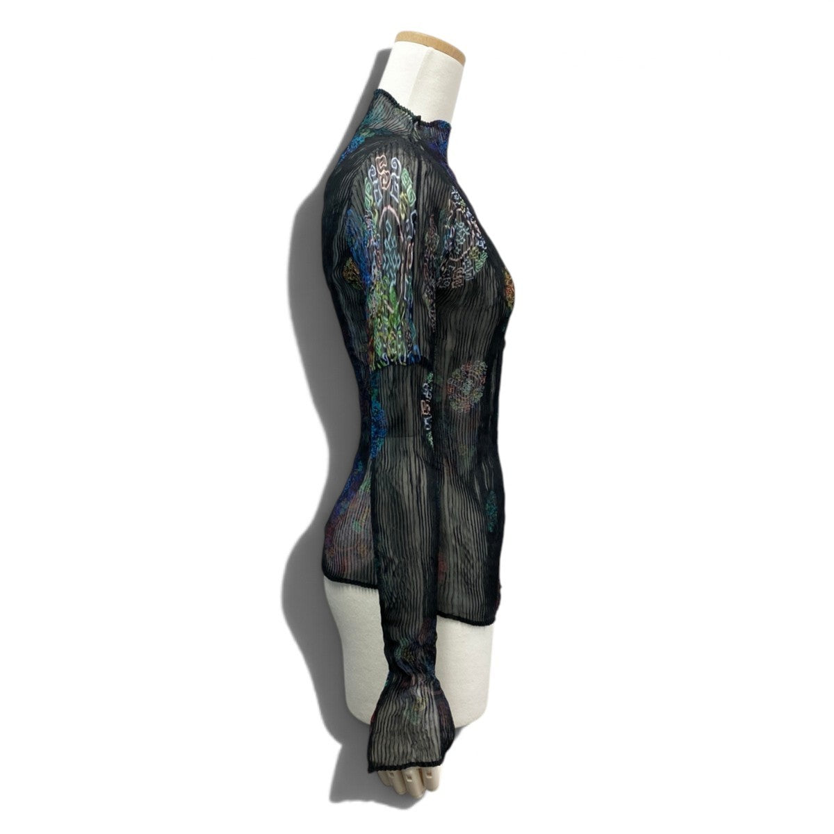 93j21 ISSEY MIYAKE FETE イッセイミヤケ フェット プリーツカットソー  スタンドカラー チャイナ柄 日本製 IF54FJ739 02サイズ ブラック系 ポリエステル100％ レディース 女性用u02t