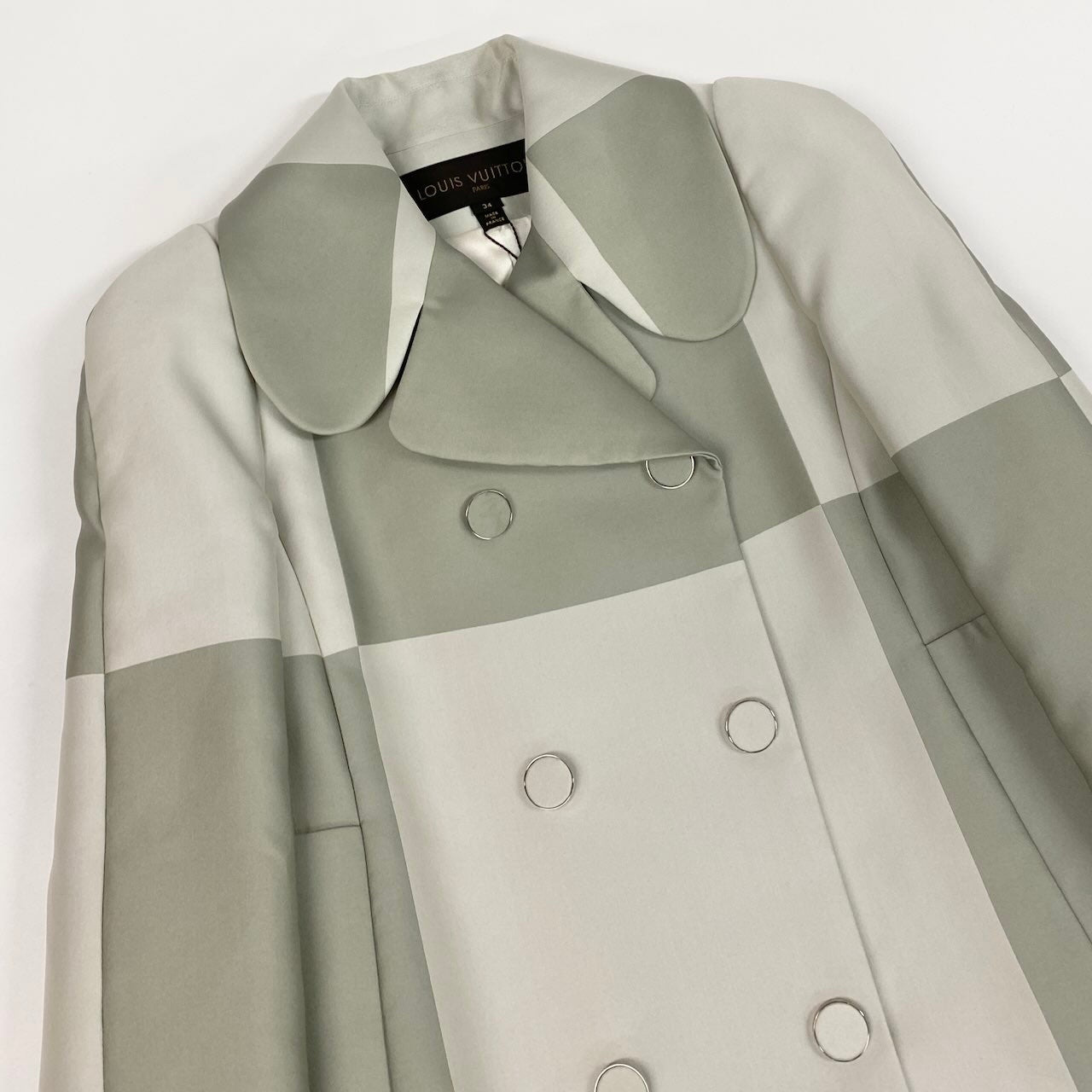 c31 《未使用品》 LOUIS VUITTON ルイヴィトン シルクブレンド ブロックチェック ダブルコート Silk Blend Block Check Double Coat 34 ホワイト グレー タグ付t18r