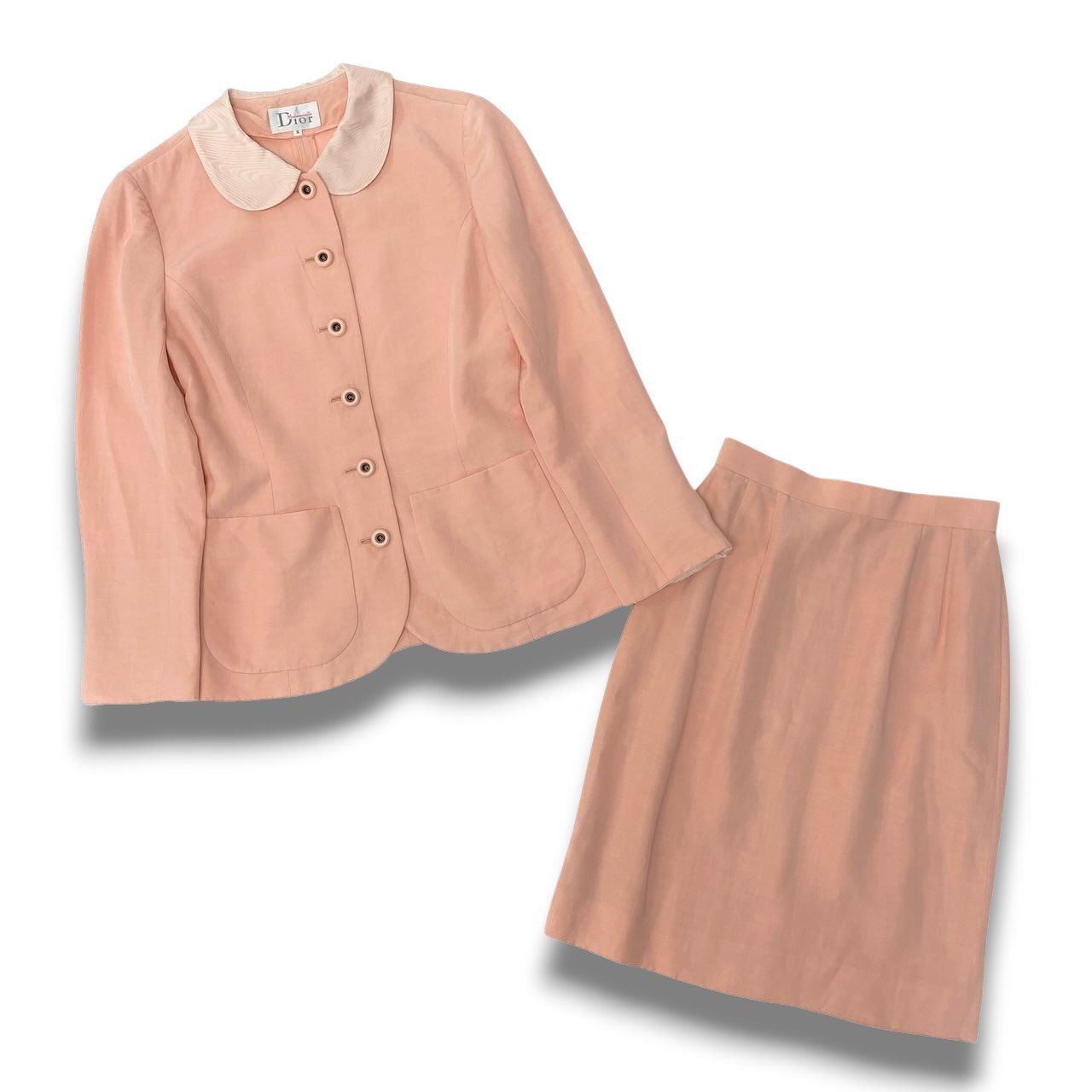 15c24 Mademoiselle Dior マドモアゼル ディオール スカートセットアップ ジャケット タイトスカート 丸襟 Sサイズ ピンク系 レディース 女性用o07t