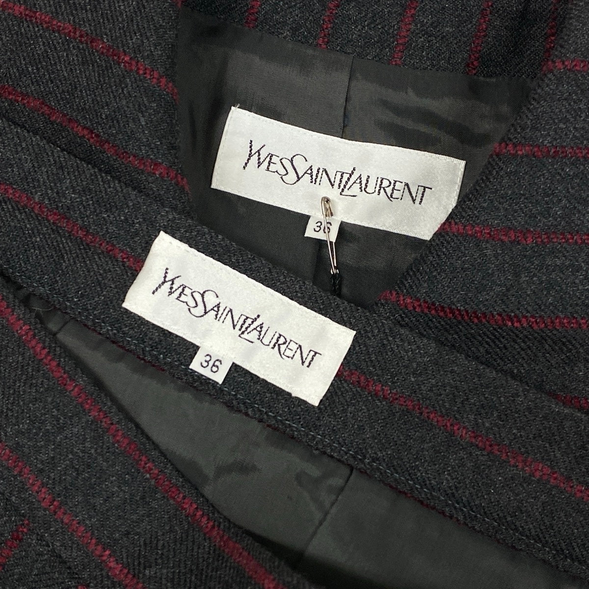 Ej19 YVESSAINTLAURENT イヴサンローラン セットアップ スカートスーツ ストライプ柄 サイズ9A3 ダークグレー レディースo07t