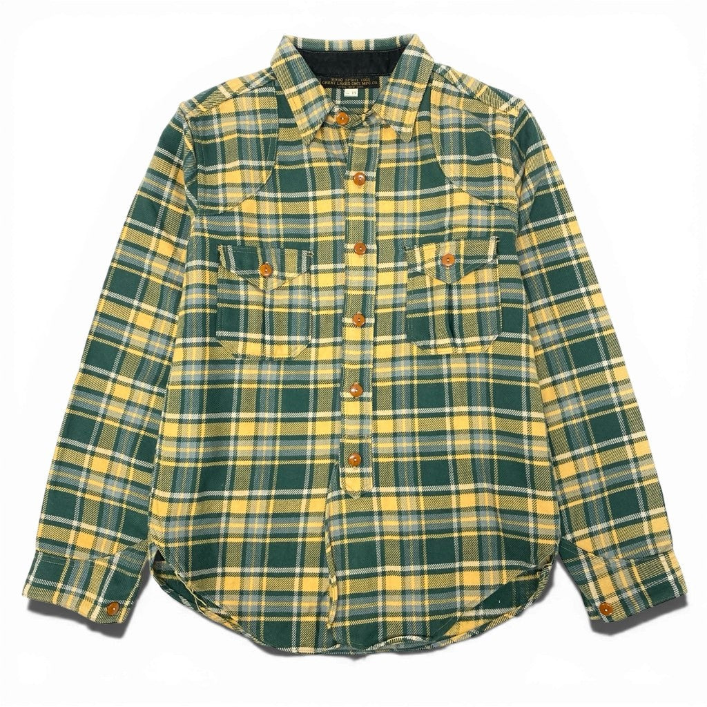 6l25 FREEWHEELERS フリーホイーラーズ BUBO ネルチェックシャツ Size15 グリーン イエロー GREAT LAKES GMT アメカジt18r