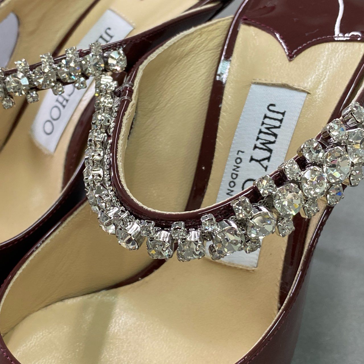 1d15 JIMMY CHOO ジミーチュウ ビング BING クリスタルビジューストラップ ミュール パンプス シューズ 34 ボルドー パテントレザー