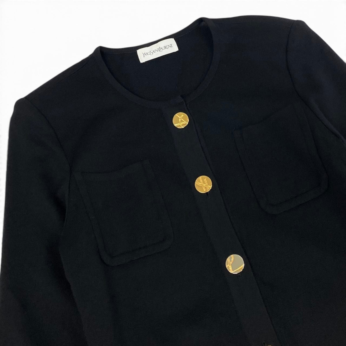 i21 YVESSAINTLAURENT ニットロングカーディガン ゴールドボタン  Mサイズ ブラック ウール100％ レディース 女性用u02t