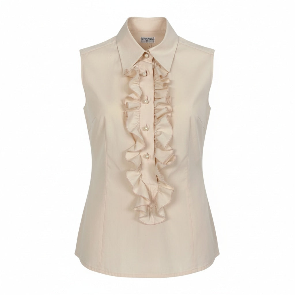 Cb9 CHANEL シャネル パールボタン フリルブラウス ノースリブ トップス ベージュ系 シルクコットン レディースta1