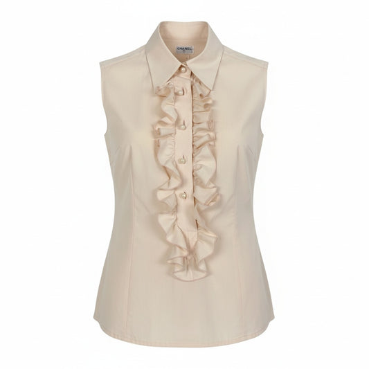 Cb9 CHANEL シャネル パールボタン フリルブラウス ノースリブ トップス ベージュ系 シルクコットン レディースta1