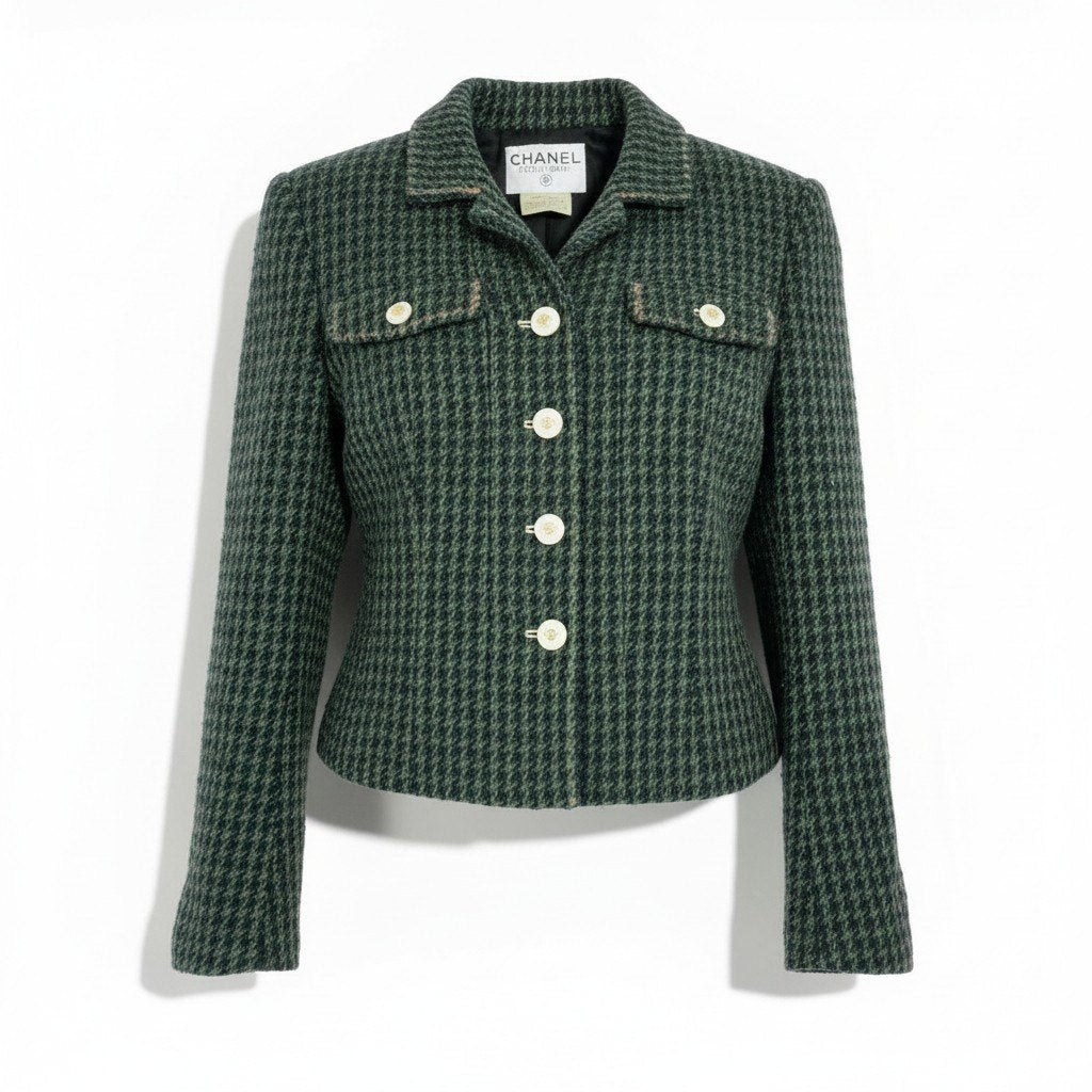 Ca14【Archive】CHANEL シャネル 1997年 collection P07184 ココマークボタン ツイードショートジャケット サイズ40 ダークグリーン系 レディース 女性用 アウターta1