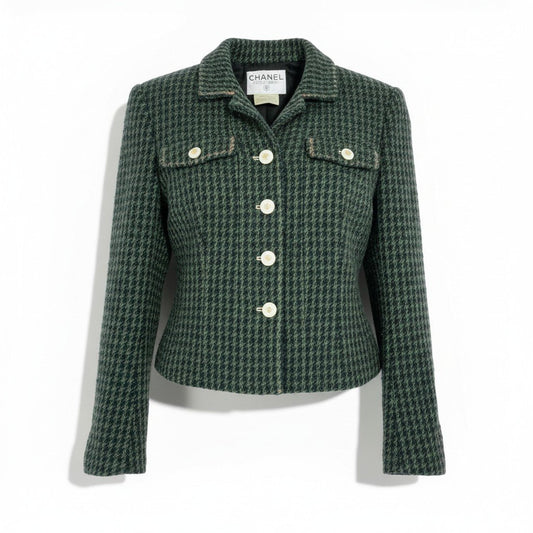 Ca14【Archive】CHANEL シャネル 1997年 collection P07184 ココマークボタン ツイードショートジャケット サイズ40 ダークグリーン系 レディース 女性用 アウターta1