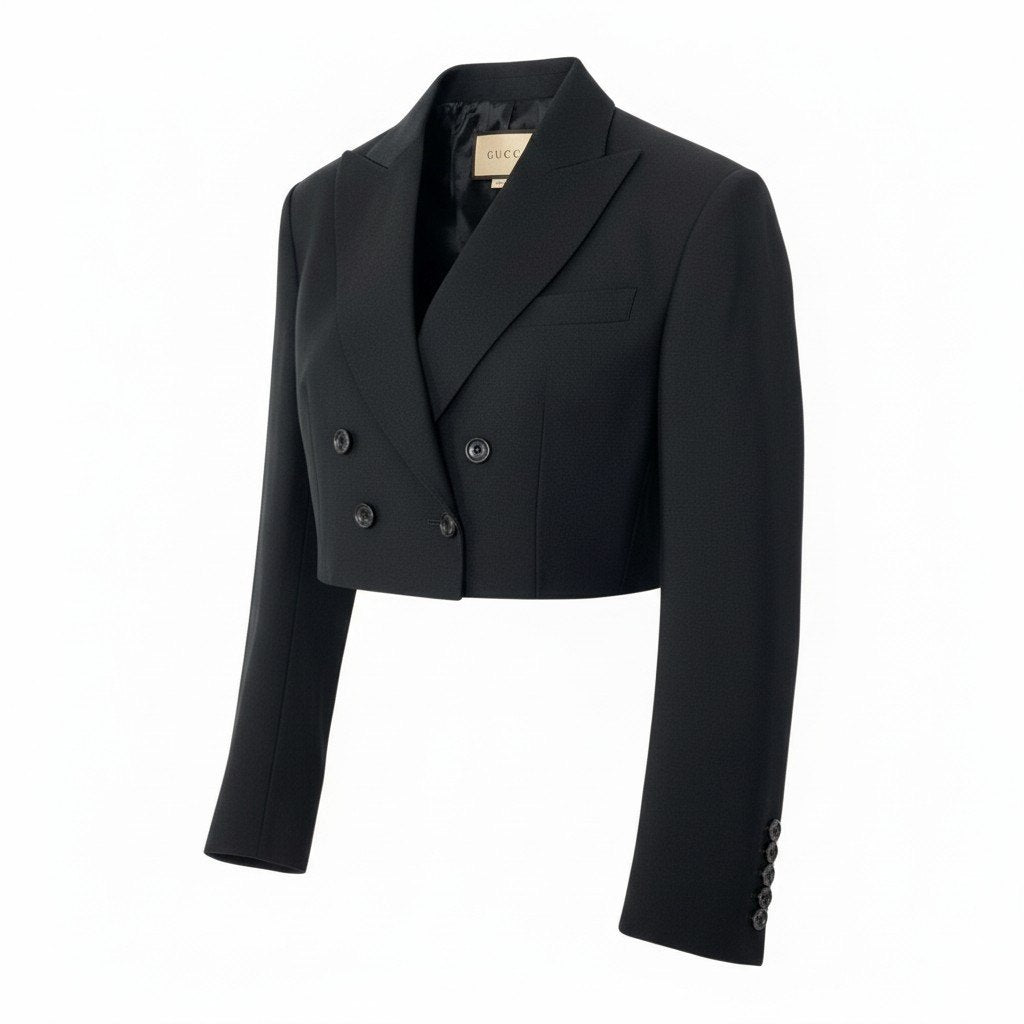 38d3 【美品】GUCCI グッチ ダブルブレストショートジャケット クロップド丈 テーラードジャケット 40サイズ ブラック レディース 女性用o07t