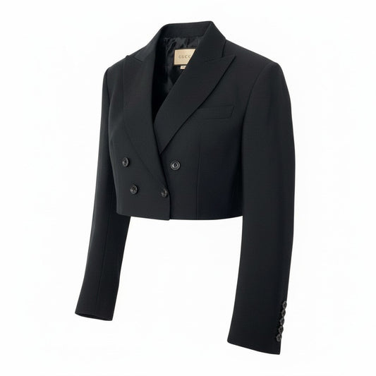 38d3 【美品】GUCCI グッチ ダブルブレストショートジャケット クロップド丈 テーラードジャケット 40サイズ ブラック レディース 女性用o07t