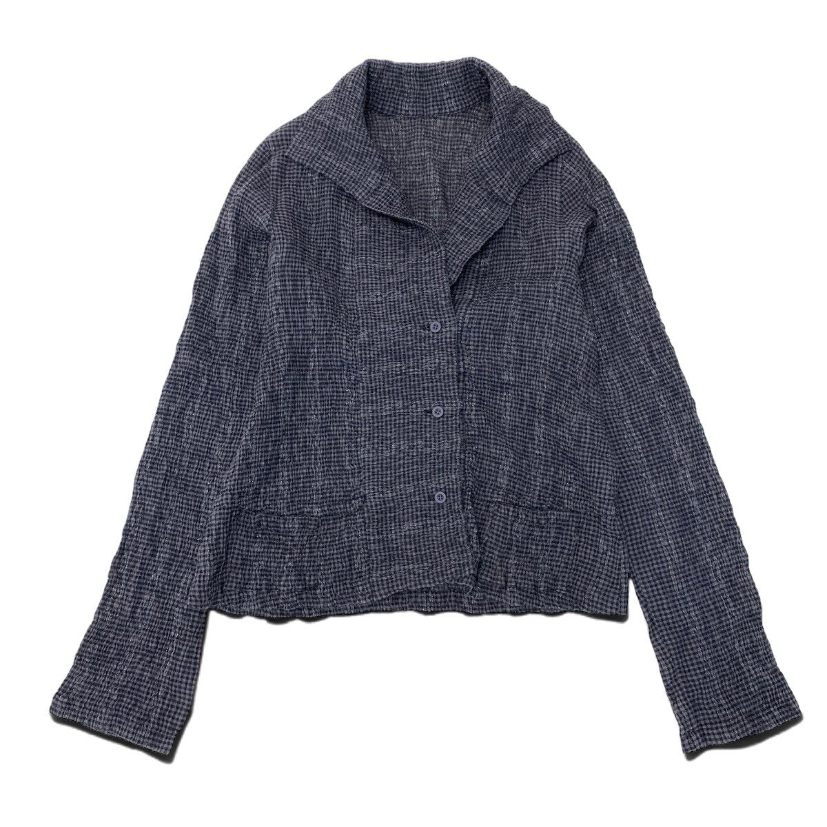 93h25 ISSEY MIYAKE Haat イッセイミヤケ ハート ロングスリーブシャツ チェック柄 ストレッチ 薄手 サイズ2 グレー系 レディースo07t