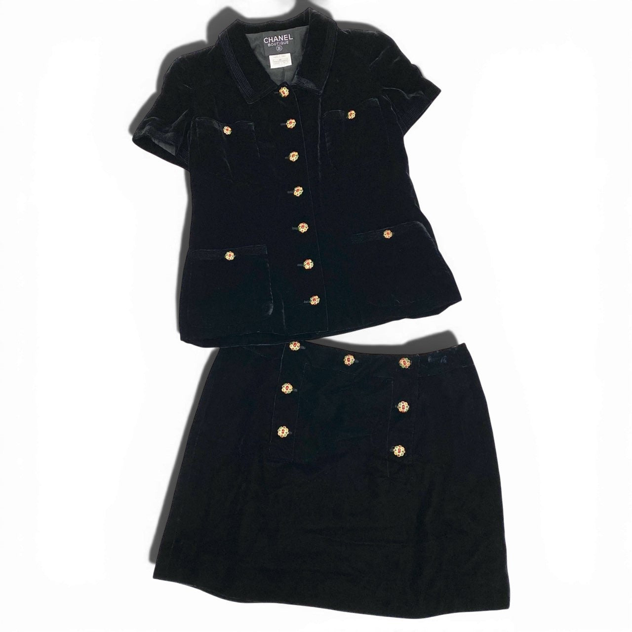 Ca14【Archive】CHANEL シャネル 1996AW collection P08355 グリポア ベルベットシャツ スカート セットアップ サイズトップス40/スカート42 ブラック レディースta1