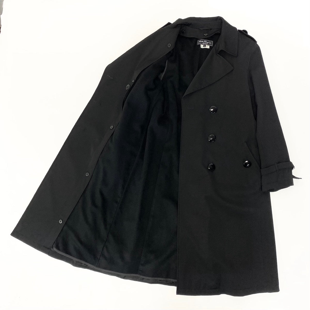 42e13 【美品】Salvatore Ferragamo サルヴァトーレフェラガモ ロングトレンチコート ウールカシミヤコート アウター イタリア製 44サイズ ブラック レディース 女性用u02t