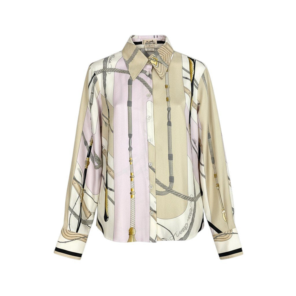 30k6【美品】HERMES エルメス 長袖シルクシャツ スカーフ柄 トップス フランス製 38サイズ マルチカラー レディースu02t