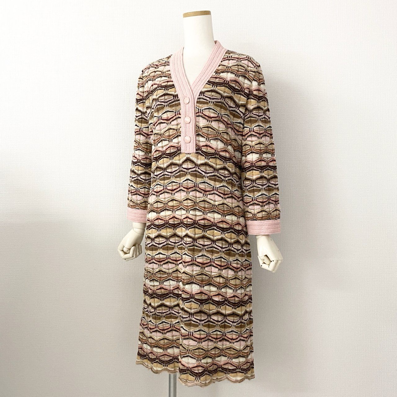 25d14 《美品》 伊製 MISSONI ミッソーニ  ボタンフライ ニットワンピース 七分袖 ニットワンピ 46 マルチカラー レディース 婦人