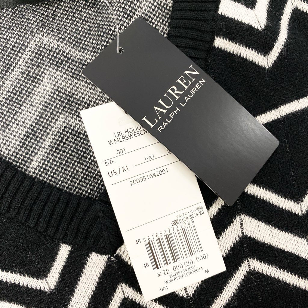 1a8 【未使用保管品】 LAUREN RALPH LAUREN ローレンラルフローレン ニットベスト ノースリーブニット Vネック シェブロン柄 モノトーン レディース M ブラック ホワイトu02t