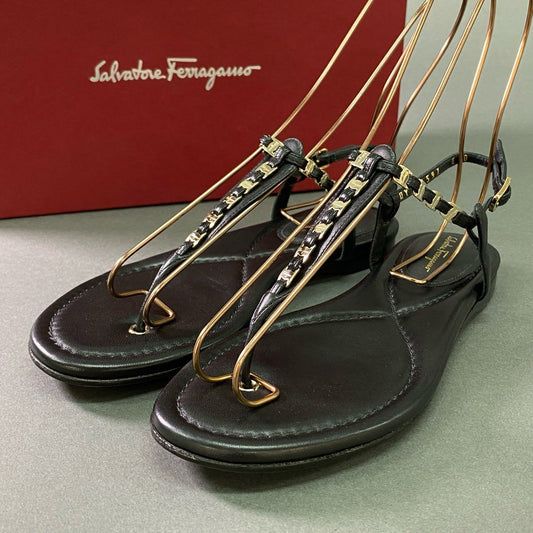 1j29 Salvatore Ferragamo サルヴァトーレフェラガモ TAHITI タヒチ フラット トングサンダル シューズ イタリア製 ロゴパーツ 6 ブラック レザー